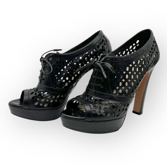 Prada Womens Heels Perforated Lace-Up Platform Black Leather Peep Toe - Picture 1 of 15